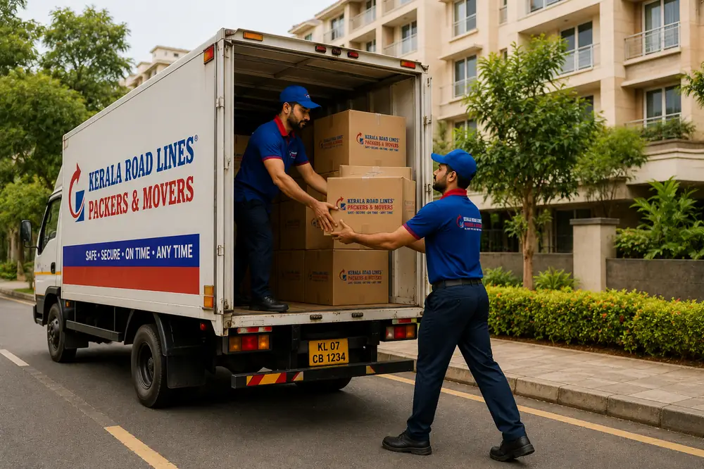 Loading cartons into a Kerala Road Lines truck outside an apartment block