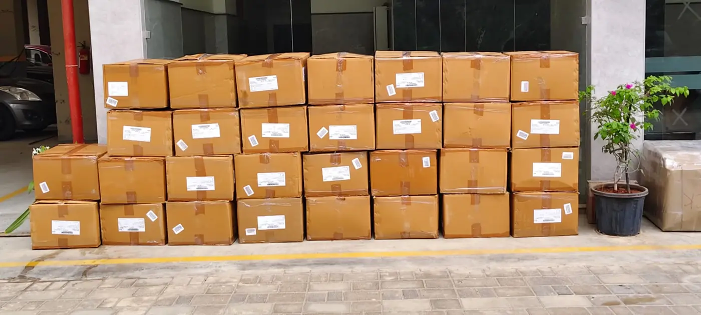 Rows of sealed and labelled cartons packed for a corporate office relocation