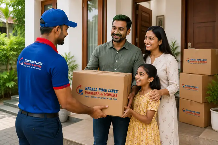 Kerala Road Lines crew handing a carton to a family