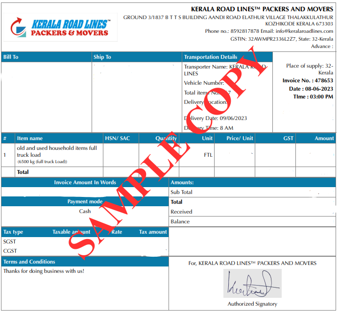 Packers Movers Bill for Claim in Kochi